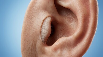 Naklejka premium Close-up anatomical visualization of a human ear featuring a cross section that exposes the internal cartilage of the tragus area against a clean blue backdrop for scientific and medical purposes.