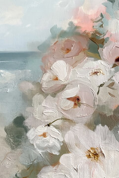 Impressionistic oil painting showing delicate white and pink flowers with thick impasto textures against a tranquil seascape