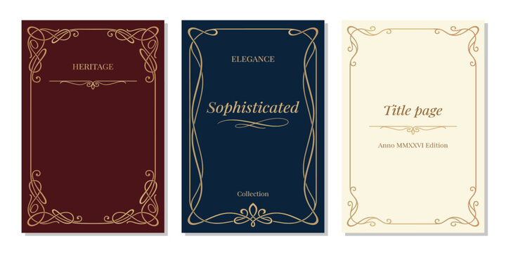 Classic vintage book cover, title page, spine design with Art Deco, Baroque, Art Nouveau and Victorian ornaments. Elegant decorative frame, retro style for publications, posters and artistic layouts.