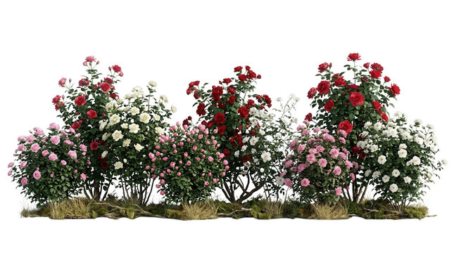 Alignement de buissons de rosiers fleuris avec des roses rouges, roses et blanches, isol&eacute; sur fond blanc pour l'architecture et le paysagisme.