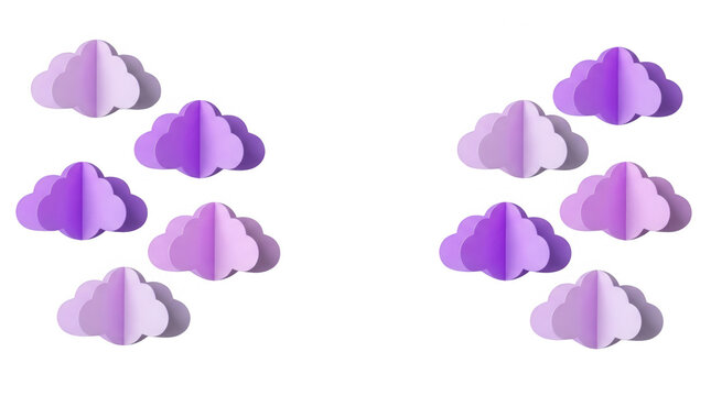 Nuages en papier violet et lilas de style origami 3D dispos&eacute;s sur fond blanc avec un grand espace de texte au centre.
