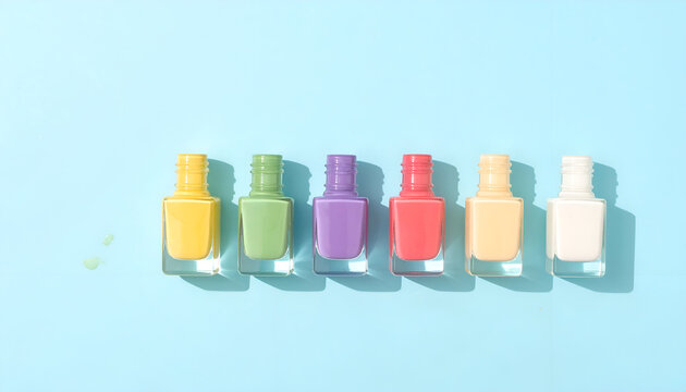 Six colorful nail polish bottles arranged in a row with open caps, on a light blue background