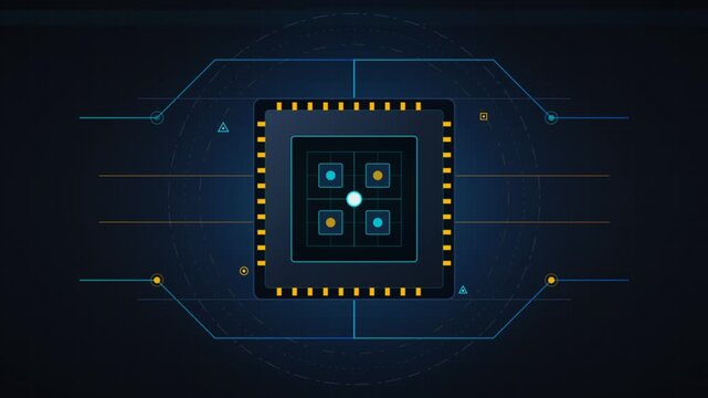 Futuristic microchip centerpiece in digital circuit frame.