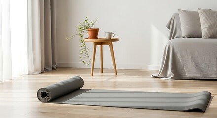 Fototapeta premium Serene living room setup with yoga mat and minimalist decor for relaxation and mindfulness