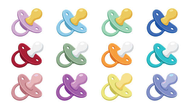 Colorful baby pacifiers vector illustration collection with various colorful dummy silicone teats isolated on solid white background