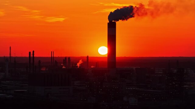 Aerial view of Orlen Plock Production Plant at sunset with smoke rising from a chimney against an orange sky in Plock, Wojewodztwo mazowieckie, Poland.