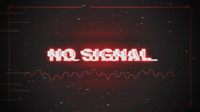 Glowing Red NO SIGNAL Screen Animation with Glitch Effect and Tech HUD Frame