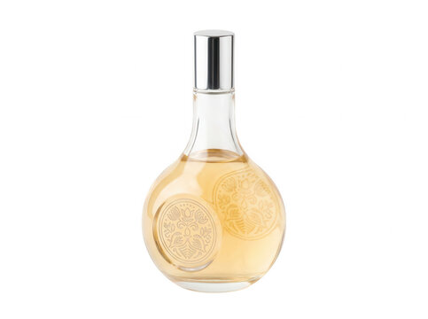 Flacon de parfum en verre &eacute;l&eacute;gant avec un liquide ambr&eacute; et un bouchon argent&eacute;, isol&eacute; sur fond blanc pour la beaut&eacute; et le luxe.