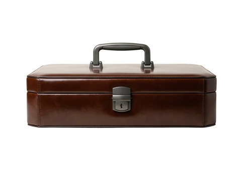 Une mallette de transport vintage en cuir marron avec une poign&eacute;e robuste et un fermoir m&eacute;tallique s&eacute;curis&eacute;, isol&eacute;e sur un fond blanc pur pour une utilisation professionnelle.