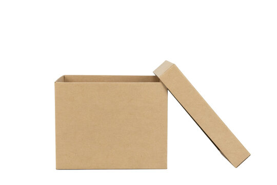 Open square cardboard box made of brown paper with a matching lid leaning against the side of the container isolated on a transparent background