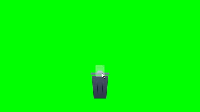 Animation of a computer cursor dragging a document into a trash bin icon on green screen background