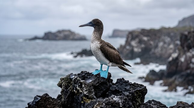 Bluefooted booby standing on volcanic rock by the ocean