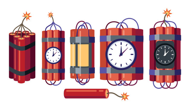 Dynamite time bomb vector set with red TNT sticks burning fuses and countdown clocks for gaming action concepts, 17 words.
