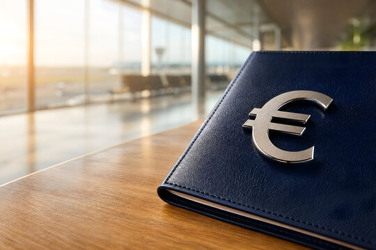 Gold euro sign logo on leather wallet close up blurry airport lounge