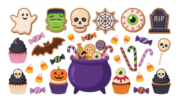 Halloween sweets and treats vector set with spooky cookies, cupcakes, cauldron full of candy corn, skull pops, and graveyard tombstone isolated on white background