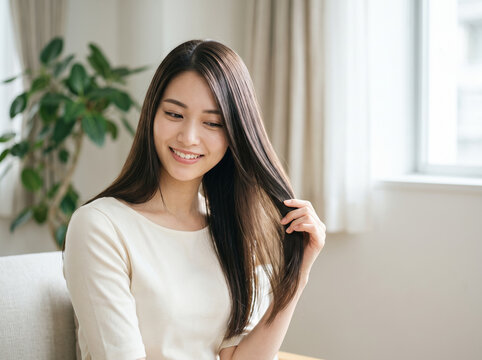 自宅のソファで自分の髪の毛を優しく触り微笑む女性