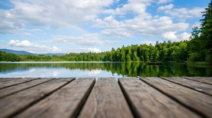 Obraz premium A peaceful wooden dock overlooking a calm lake surrounded by lush green pine trees under a blue sky