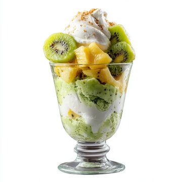 Kiwi parfait ice cream with yogurt layers and fresh fruit topping  isolated on a white background