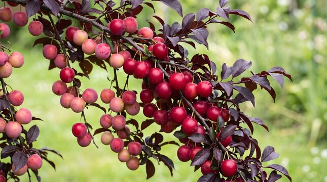 Ripe red cherry plums hanging on a branch with dark purple leaves