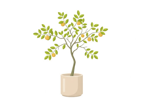 Uma ilustra&ccedil;&atilde;o vetorial plana de uma pequena laranjeira em um vaso de cer&acirc;mica bege, apresentando folhas verdes vibrantes e laranjas maduras, isolada em um fundo branco limpo.