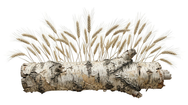 Um tronco de b&eacute;tula r&uacute;stico decorado com espigas de trigo douradas, isolado em um fundo branco, ideal para composi&ccedil;&otilde;es de design natural e r&uacute;stico.