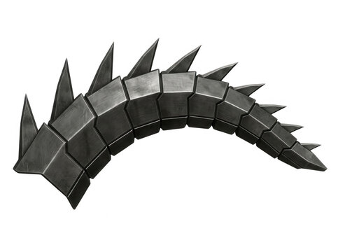 Cauda de criatura rob&oacute;tica ou armadura de metal com espinhos afiados em design futurista segmentado, isolada em fundo branco para projetos de fic&ccedil;&atilde;o cient&iacute;fica e fantasia.