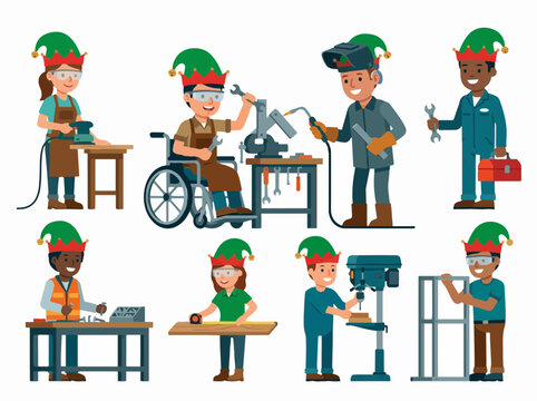 Diverse Christmas elf characters set flat vector illustration with manufacturing tools for holiday workshop production and gift making concept