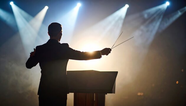 Dynamic stage presence of a conductor silhouette bathed in dramatic light