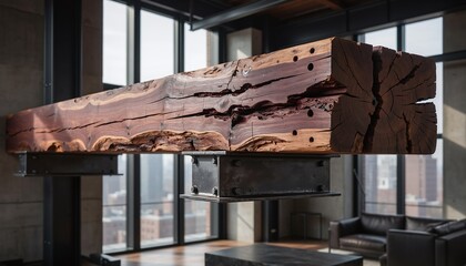 Naklejka premium With nobody inside, a massive rustic wooden beam highlights a modern industrial loft, blending raw natural wood texture with urban architecture to evoke strength and luxury.
