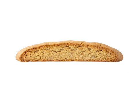 Um biscoito italiano crocante tipo cantucci ou biscotti isolado sobre um fundo branco, perfeito para acompanhar caf&eacute; ou sobremesas gourmet em apresenta&ccedil;&otilde;es culin&aacute;rias.