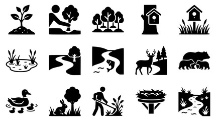 Fototapeta premium Nature Icons: Planting, Animals, Landscapes, and Conservation