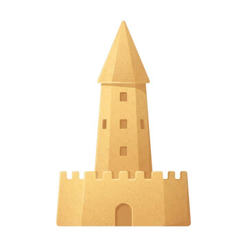 Um castelo de areia estilizado com uma torre central alta e muralhas fortificadas, isolado em um fundo branco, perfeito para design infantil, temas de ver&atilde;o e atividades recreativas na praia.
