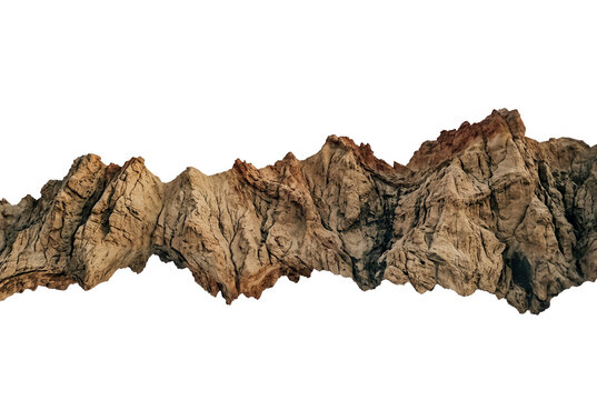 Uma forma&ccedil;&atilde;o rochosa detalhada e isolada com textura de pedra natural, apresentando um perfil de montanha irregular e acidentado em um fundo branco puro para design gr&aacute;fico.