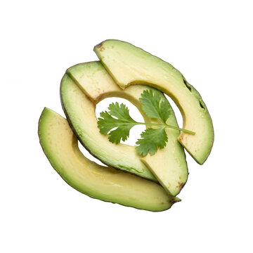 Fatias frescas de abacate maduro dispostas com folhas de coentro verde sobre um fundo branco isolado, perfeitas para culin&aacute;ria saud&aacute;vel, dietas vegetarianas e ingredientes de gastronomia.