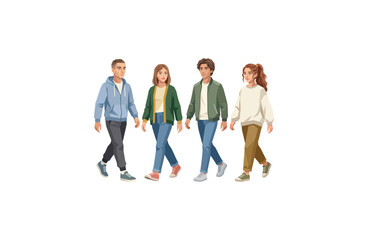 Obraz premium Group of Diverse Young People Walking Together Vector Illustration
