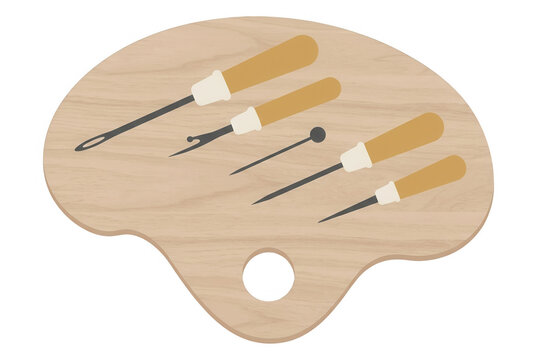 Conjunto de ferramentas de costura artesanal dispostas sobre uma paleta de madeira clara, incluindo agulha de tape&ccedil;aria, abridor de casas, furador e alfinete para projetos de costura e artesanato.