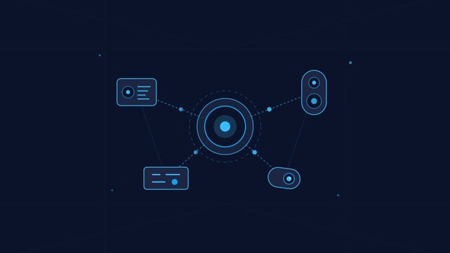 Digital network schematic with connected devices and nodes.
