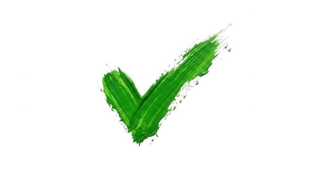 S&iacute;mbolo de marca de verifica&ccedil;&atilde;o verde pintado &agrave; m&atilde;o com textura de pincel art&iacute;stico isolado em um fundo branco limpo, representando sucesso, aprova&ccedil;&atilde;o e conclus&atilde;o de tarefas.
