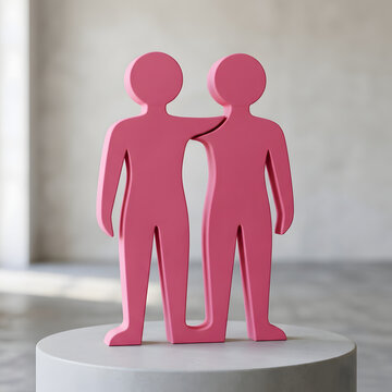 Pink two human figures icon embracing each other symbolizing partnership unity and community support on white pedestal base.