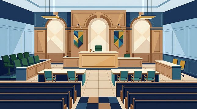 Empty Modern Courtroom Interior for Legal Trials and Judicial Hearings with Judge Bench and Gavel