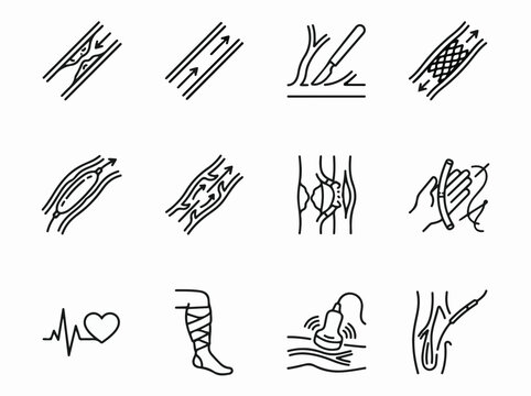 Vascular health and varicose vein treatment icon set line art vector collection for cardiology and phlebology healthcare app interface