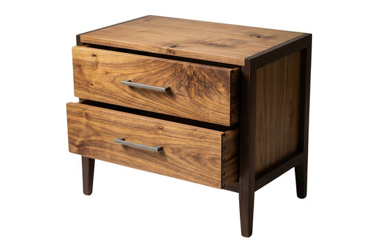 Mesa de cabeceira moderna feita de madeira r&uacute;stica com duas gavetas e estrutura de metal preto, isolada em fundo branco, ideal para design de interiores e decora&ccedil;&atilde;o de quartos.