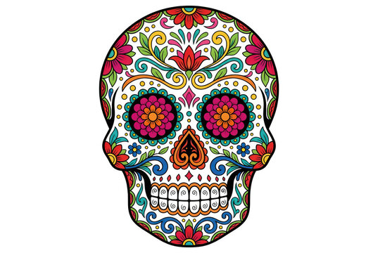 Ilustra&ccedil;&atilde;o vetorial de uma caveira mexicana colorida estilo Calavera com padr&otilde;es florais ornamentados e detalhes vibrantes isolada sobre um fundo branco para celebra&ccedil;&atilde;o do Dia dos Mortos.