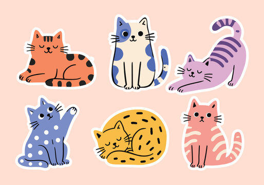Cute colorful cat sticker set, featuring various cartoon feline breeds, poses, and patterns.
