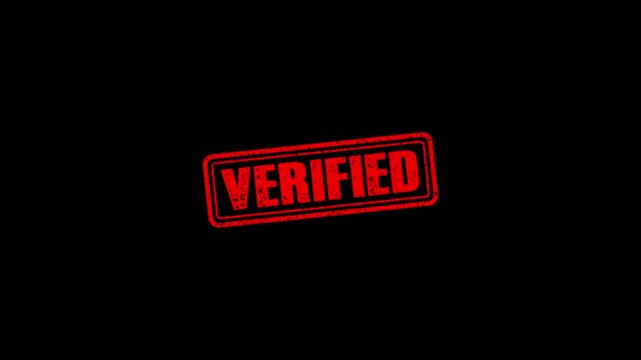 Verified rubber stamp animation. Verified Stamp textured bold text motion. Up to down stamp zooming and hit effect 4k video.