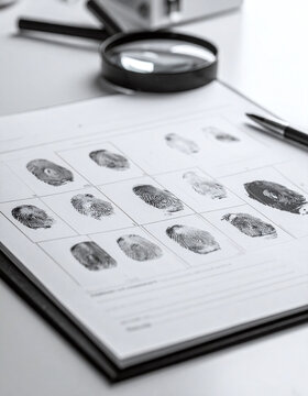 A detailed forensic fingerprint card rests on a desk next to a magnifying glass. This dramatic crime scene investigation setup evokes suspense with nobody present in the image.