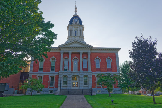 Elegant Historic Marshall County Courthouse Building With Classic Brick Architecture and Clocktower. Editorial Use only Plymouth, IN USA Aug 21, 2026. Magnificent historic courthouse featuring red bri