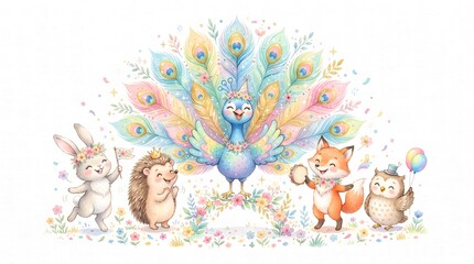 Fototapeta premium A delightful watercolor illustration of baby animals gathered under a soft rainbow, creating a magical and cheerful children’s scene.