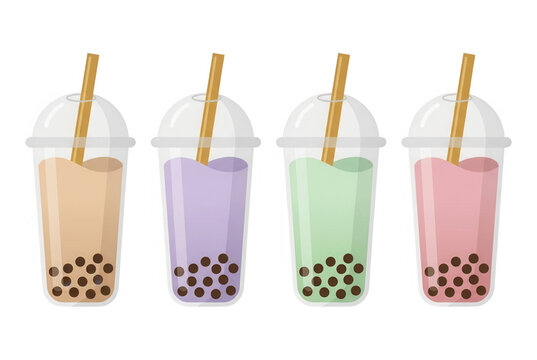 Conjunto de quatro copos de ch&aacute; de bolhas coloridos com canudos em estilo de ilustra&ccedil;&atilde;o vetorial plana, isolados em um fundo branco para design de menu de bebidas refrescantes.