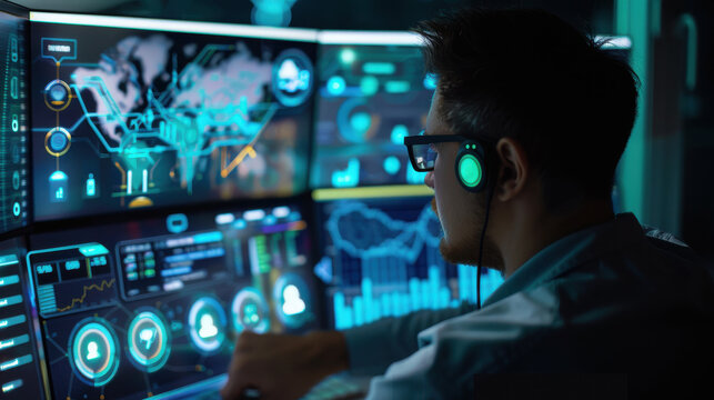 Systems engineer monitoring global network activity and server performance metrics on multiple illuminated screens.